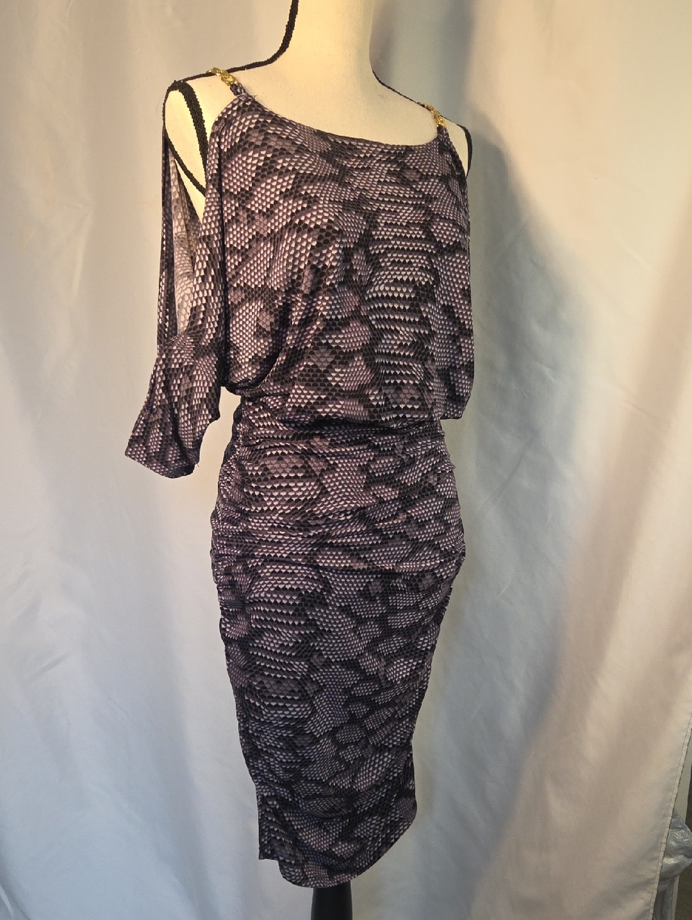 Women's Grey Snake Patterned Cold-Shoulder Rouched Dress